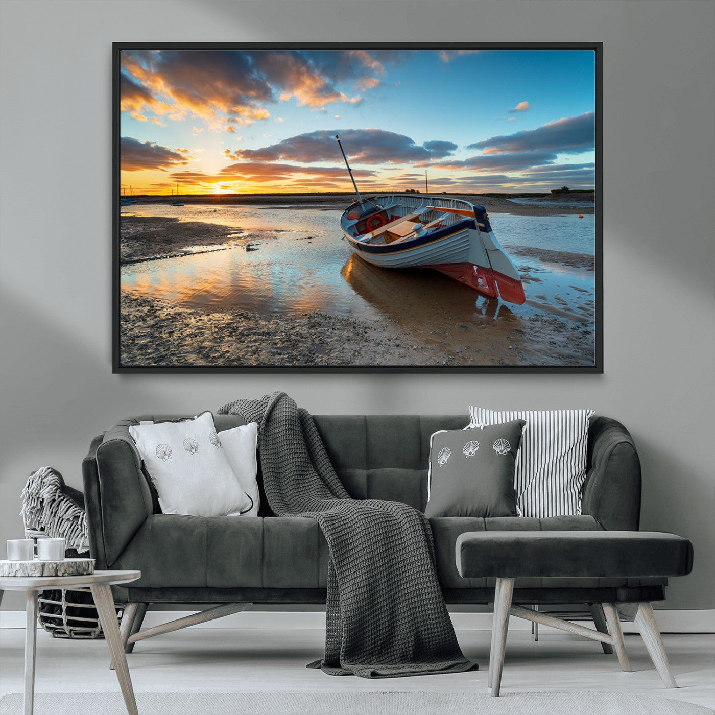 MGV-FC-36X24 - Small Boat At The Beach Sunset Wall Art, Boat Sunset Wall Art Canvas Print