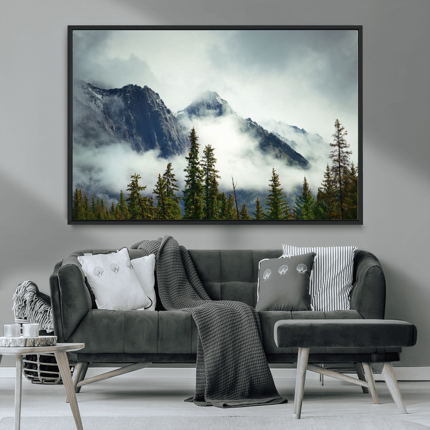 MGV-FC-36X24 - Mountain Mist Canvas Wall Art | 3-Panel Foggy Forest and Mountain Landscape | Large Giclee Print for Living Room, Office, or Cabin, Farmhouse Decor