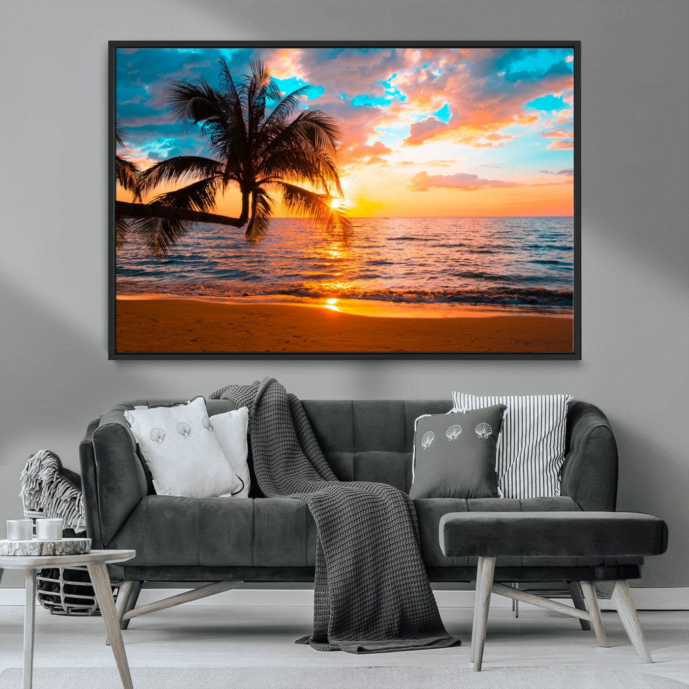 -Palm Tree Sunset On The Beach Wall Art Canvas, Framed Palm Tree Sunset Canvas Print