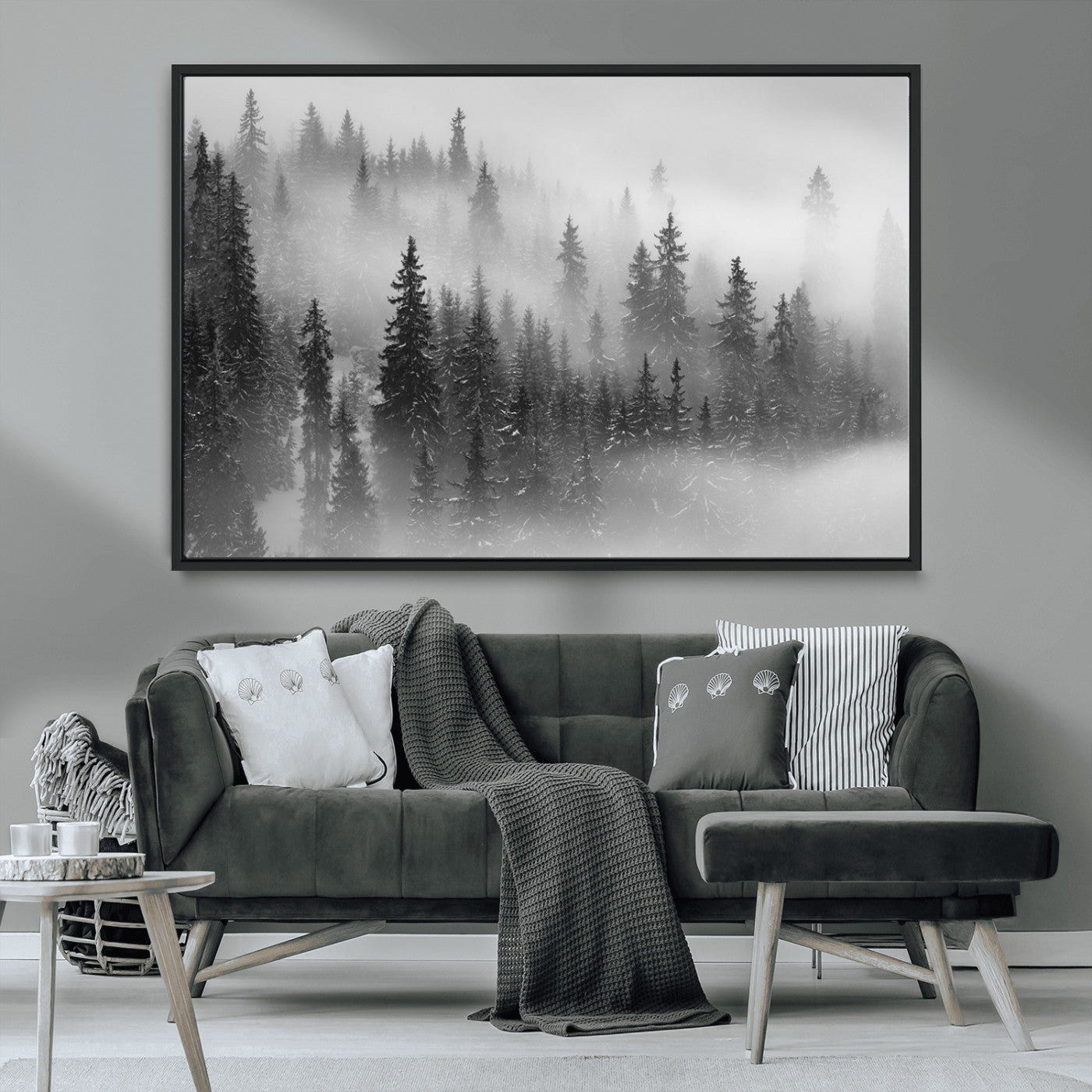 MGV-FC-36X24 - Black and White Forest Wall Art Print – Misty Pine Tree Canvas Print – Winter Woodland Nature Artwork – Perfect for Minimalist Home Decor