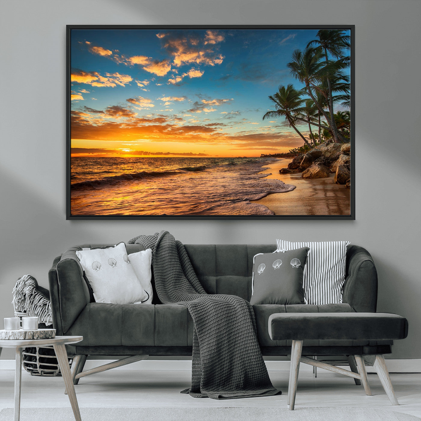 MGV-FC-36X24 - Tropical Beach Sunset Wall Art Print – Palm Tree Coastal Canvas Print – Ocean Seascape Artwork – Perfect for Tropical Modern Home Decor