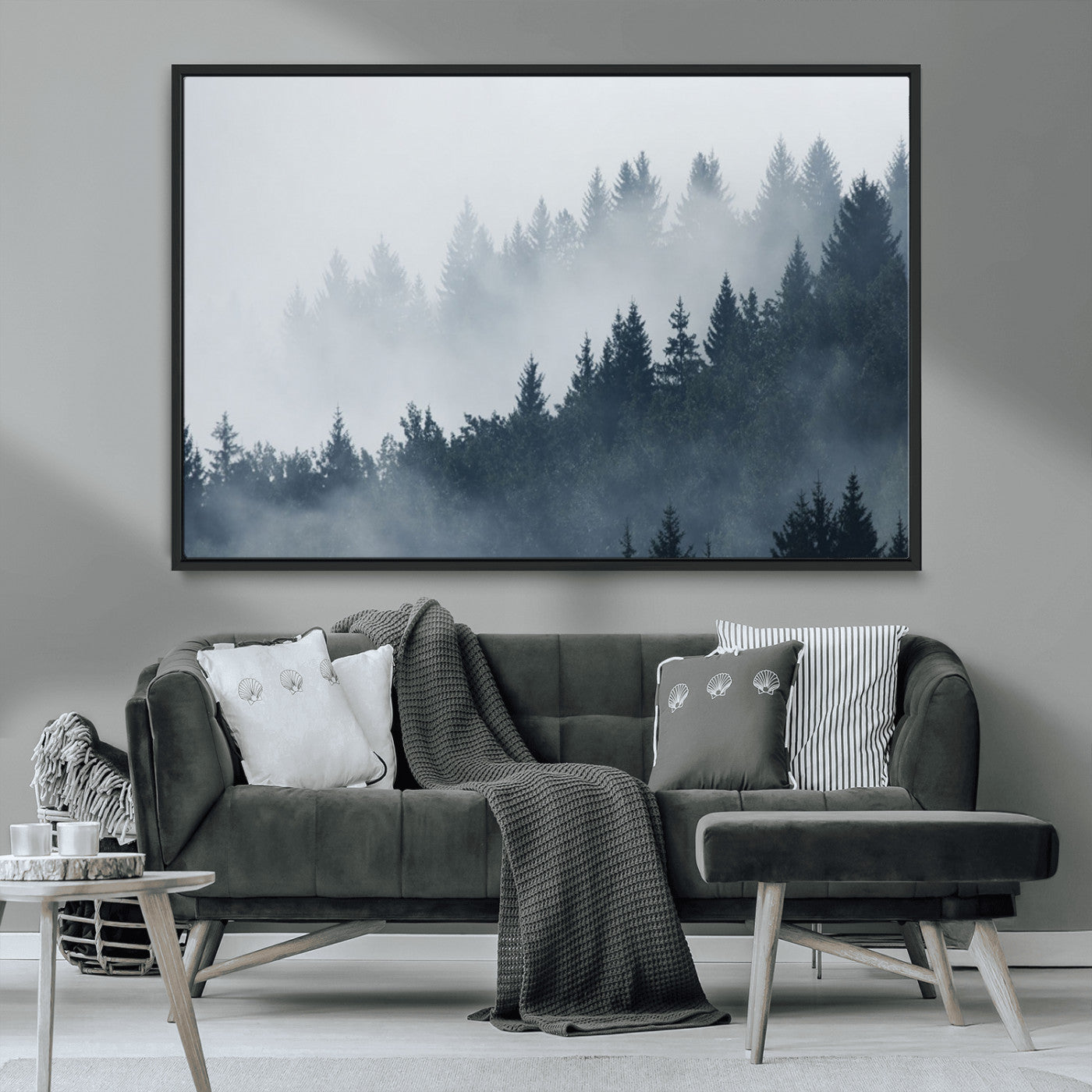 MGV-FC-36X24 - Misty Forest Wall Art Print – Foggy Pine Tree Canvas Print – Dark Woodland Nature Artwork – Perfect for Minimalist and Modern Home Decor