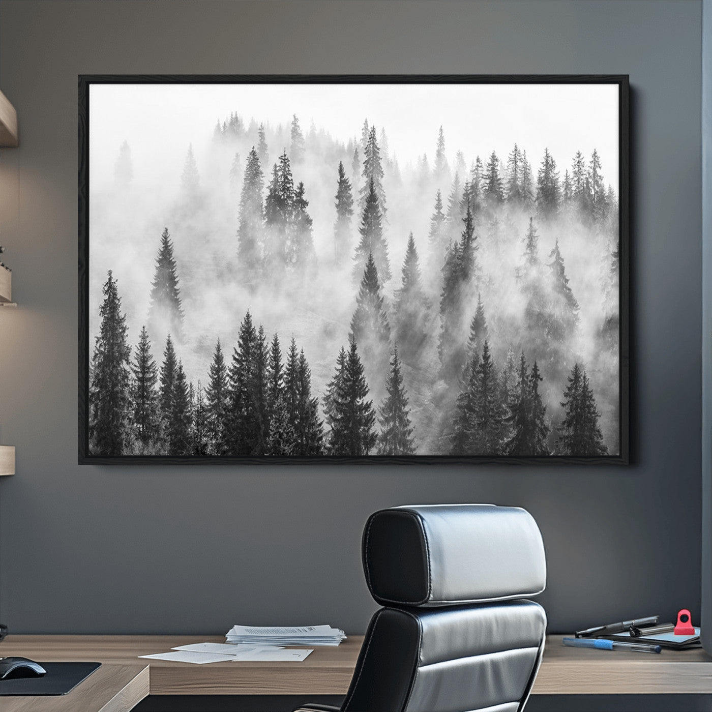 10422-MGV-CV-36X24-Forest Wall Art Print | Foggy Pine Forest Canvas Wall Art - Black and White Nature Decor for Living Room