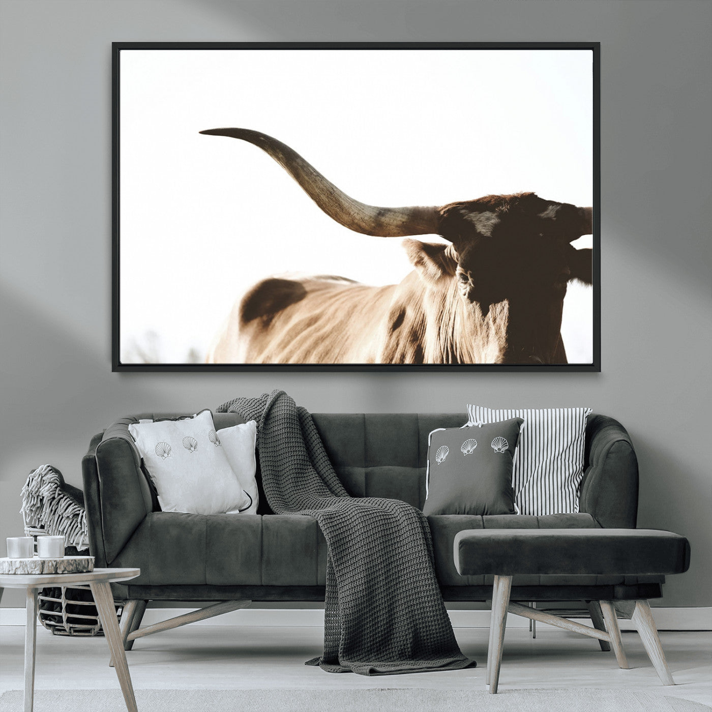 MGV-FC-36X24 - Texas Longhorn Wall Art Canvas Print | 3-Panel Large Longhorn Canvas Print for Living Room, Framed Gallery Wrap Office, Rustic Western Cowboy Decor