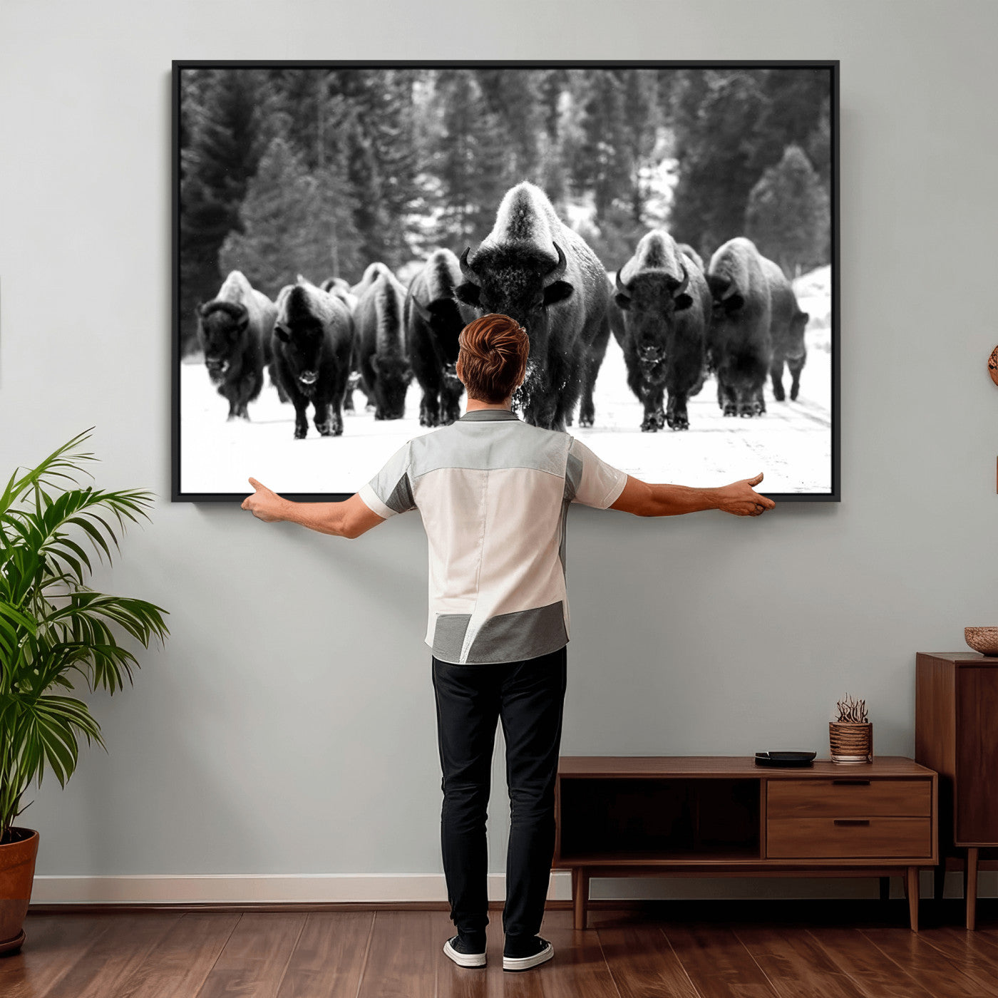 62434-MGV-CV-36X24 - Bison Herd in Snow Wall Art Canvas Print | Rustic Western Bison Wall Art for Decor for Living Room,