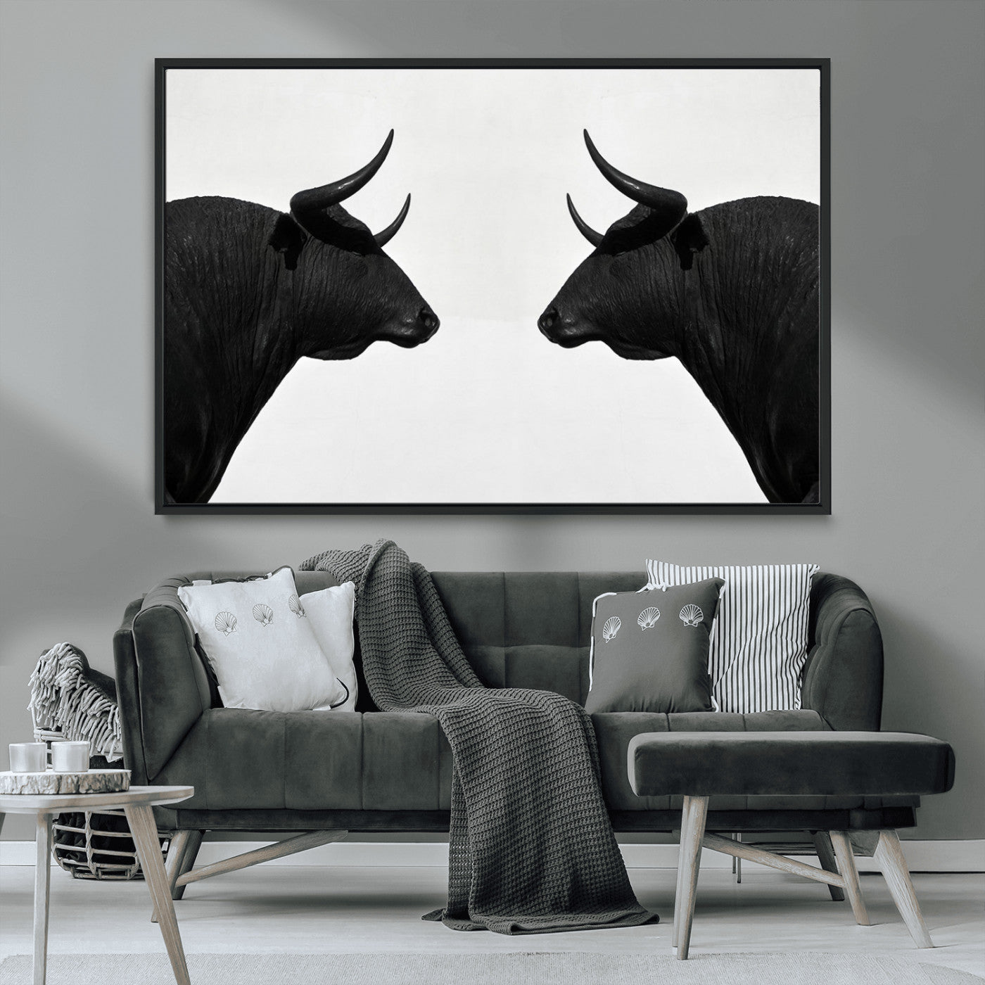 -Spanish Bull Art - Framed Black and White Bull Canvas Print for Modern Rustic Home or Office Decor