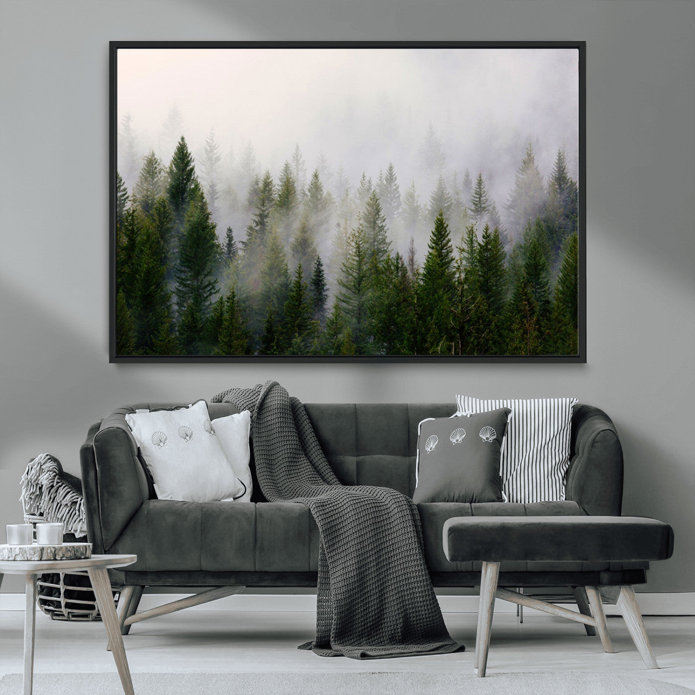 MGV-FC-36X24 - Misty Pine Forest Wall Art Canvas Print | 3 Panel Green Woodland Canvas Print for Living Room, Office, or Dining Room | Nature Foggy Forest Decor