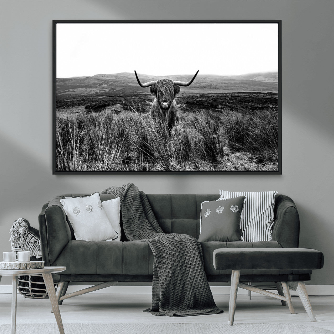 MGV-FC-36X24 - Black and White Highland Cow Canvas Wall Art, Longhorn Triptych Western Wall Decor for Cabin -