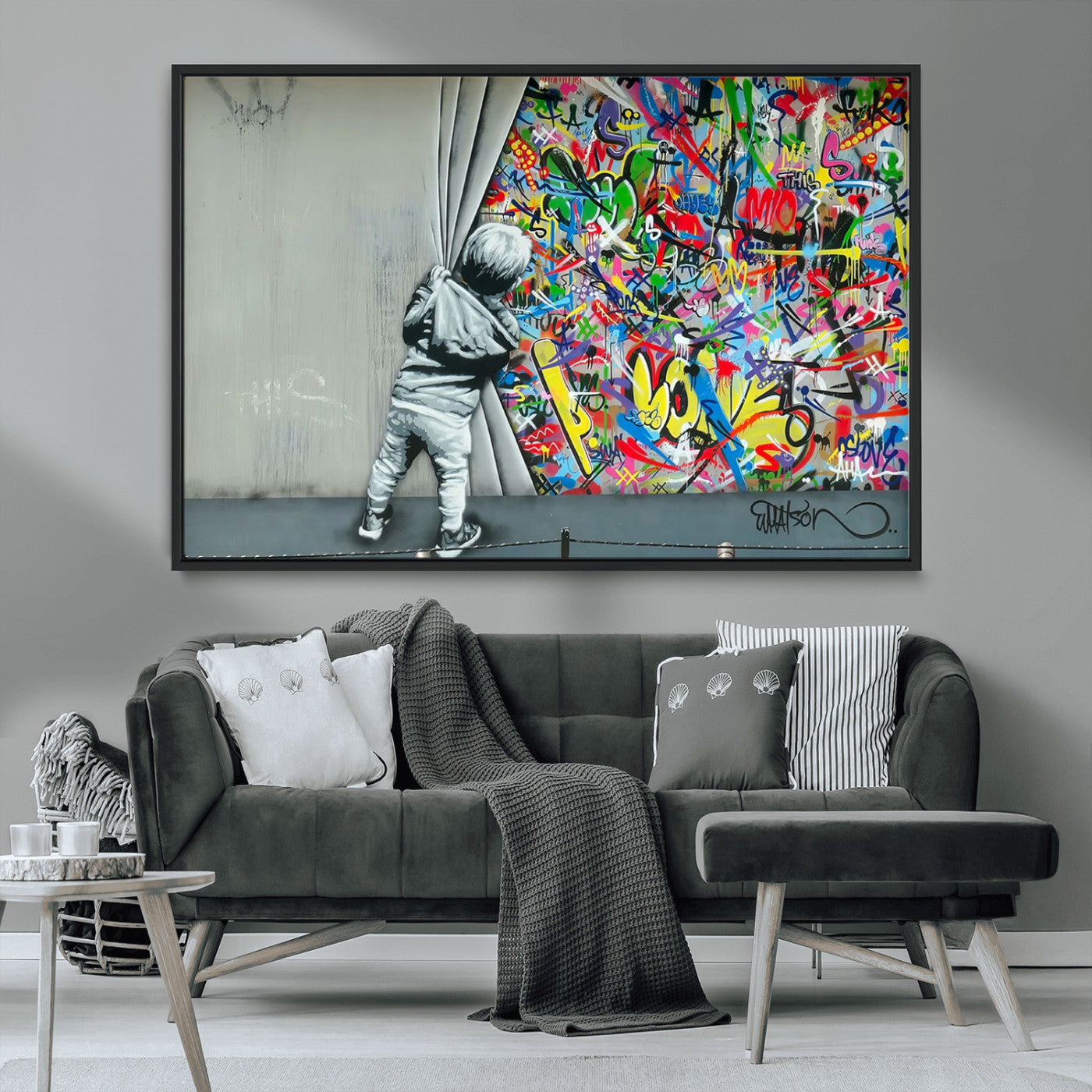 MGV-FC-36X24 - Banksy Colorful Street Graffiti Canvas Wall Art Print, Modern Art Triptych, Child and Graffiti Wall, Urban Art for Home or Office Decor