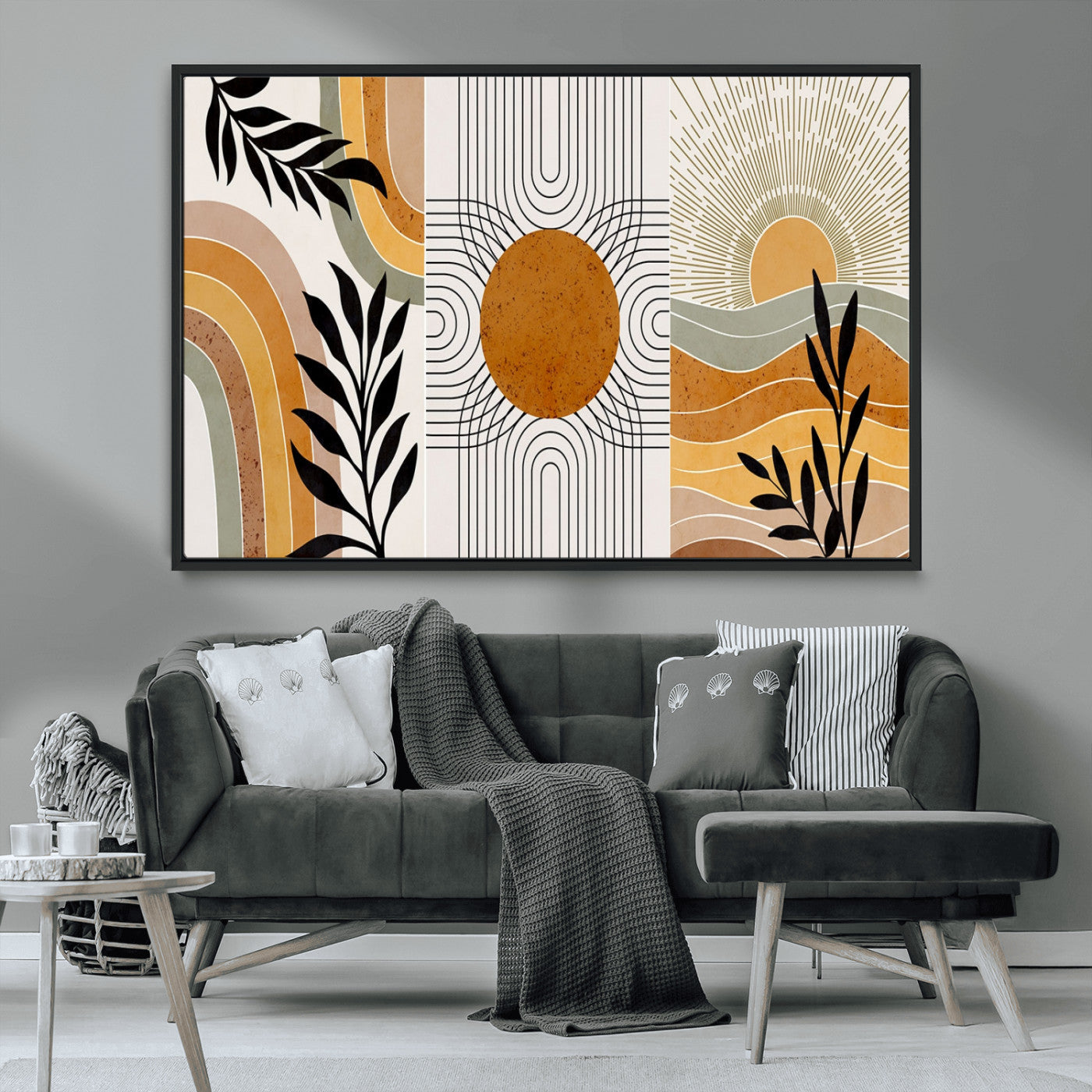 MGV-FC-36X24 - Modern Boho Sun and Leaf Abstract Art – 3-Panel Giclée Canvas for Mid-Century Modern or Bohemian