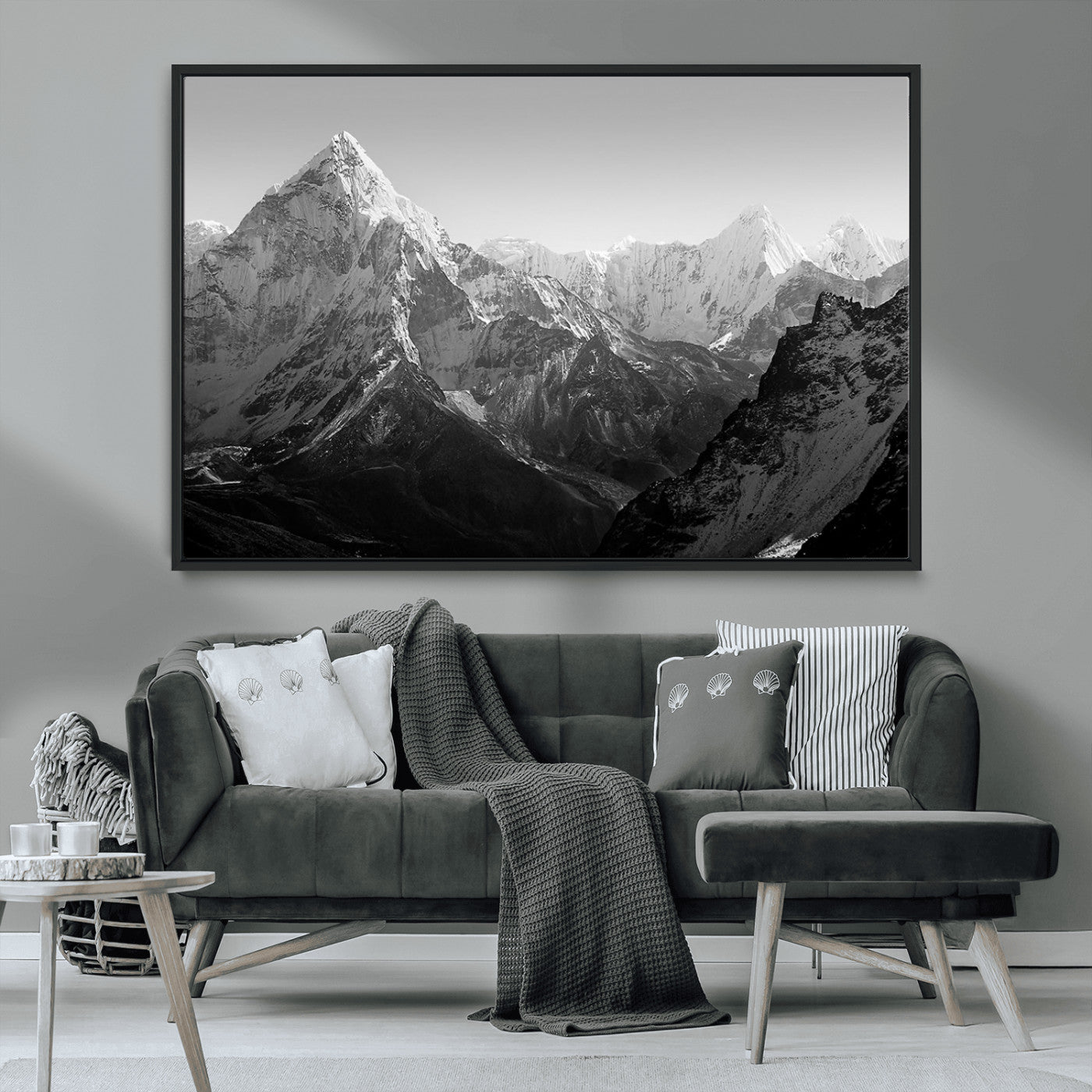 MGV-FC-36X24 - Everest Himalaya Mountain Peaks Black & White Triptych Canvas Art – Mountain Wall Decor for Minimalist Interiors
