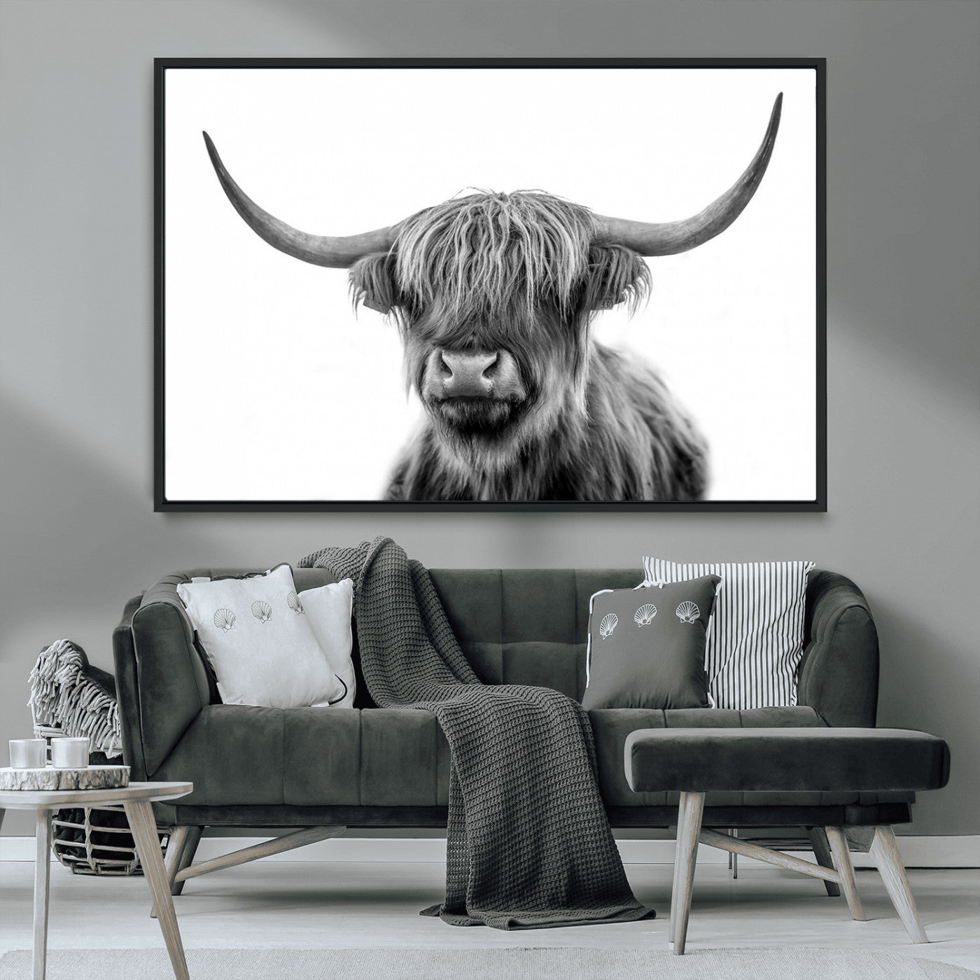 MGV-FC-36X24 - Grayscale Scottish Highland Cow Cattle Art Print Farmhouse Wall Art Canvas Print