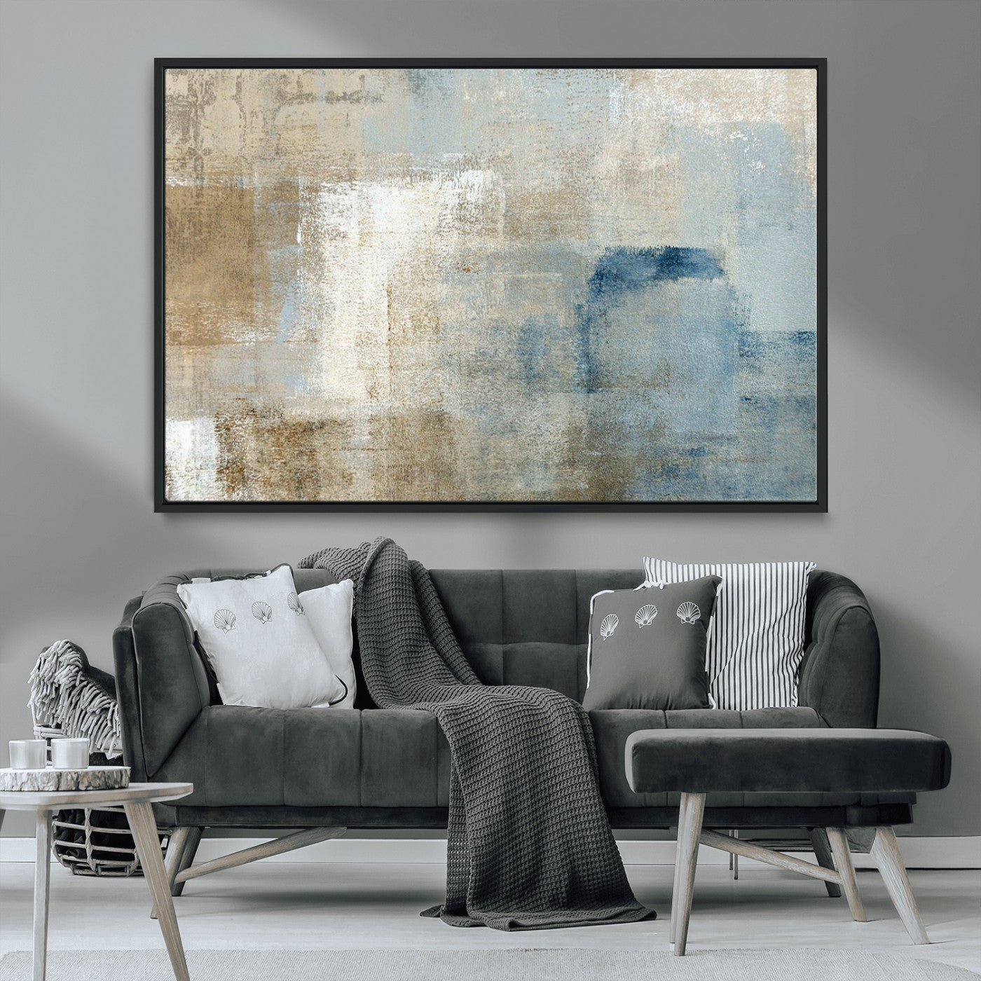MGV-FC-36X24 - Abstract Blue and Beige Wall Art, Modern Minimalist Canvas Print Set, Giclee Textured Art, Large Multi-Panel Artwork for Living Room