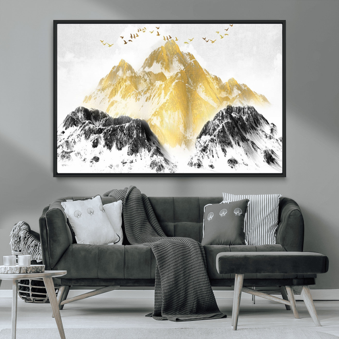 MGV-FC-36X24 - Golden Mountain Triptych Wall Art, Modern Giclee Canvas Print, Nature Landscape Decor for Living Room, Contemporary Gold and Black Wall Art