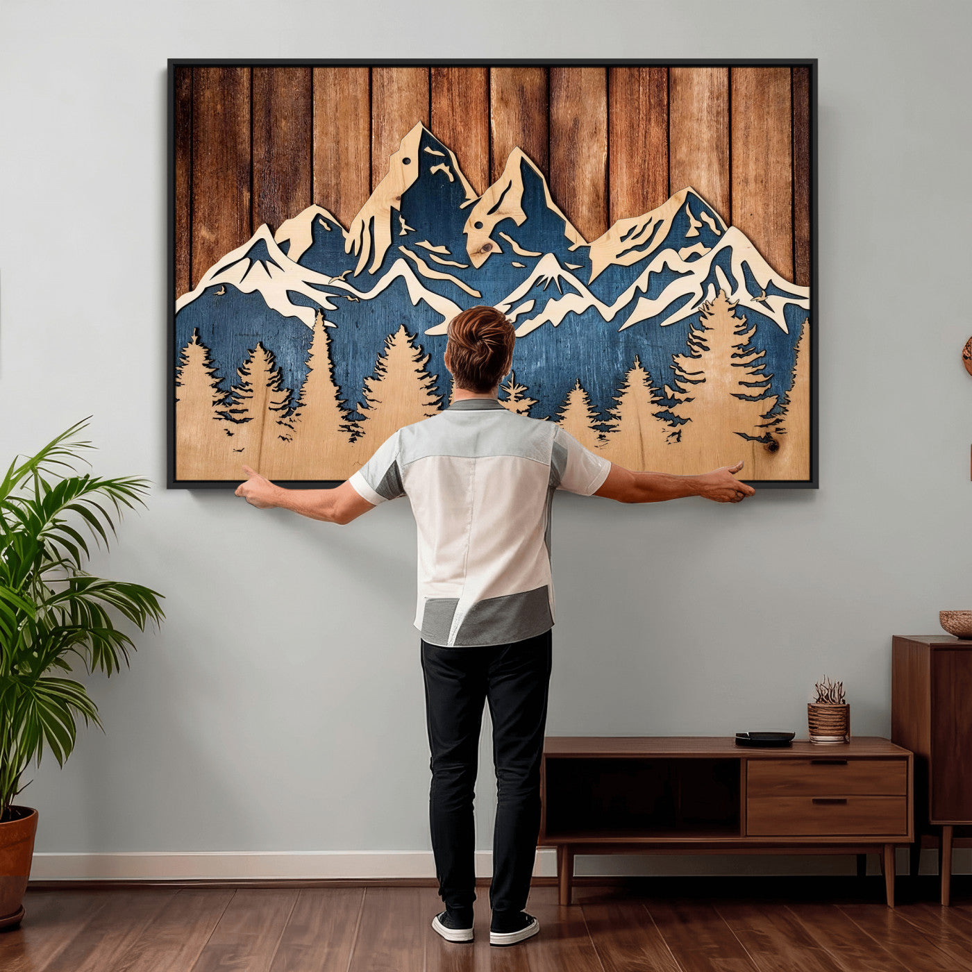 41330-MGV-CV-36X24 - Rustic Wood Style Mountain Wall Art, Nature Forest Canvas Print, Wooden Textured Mountain Artwork Print