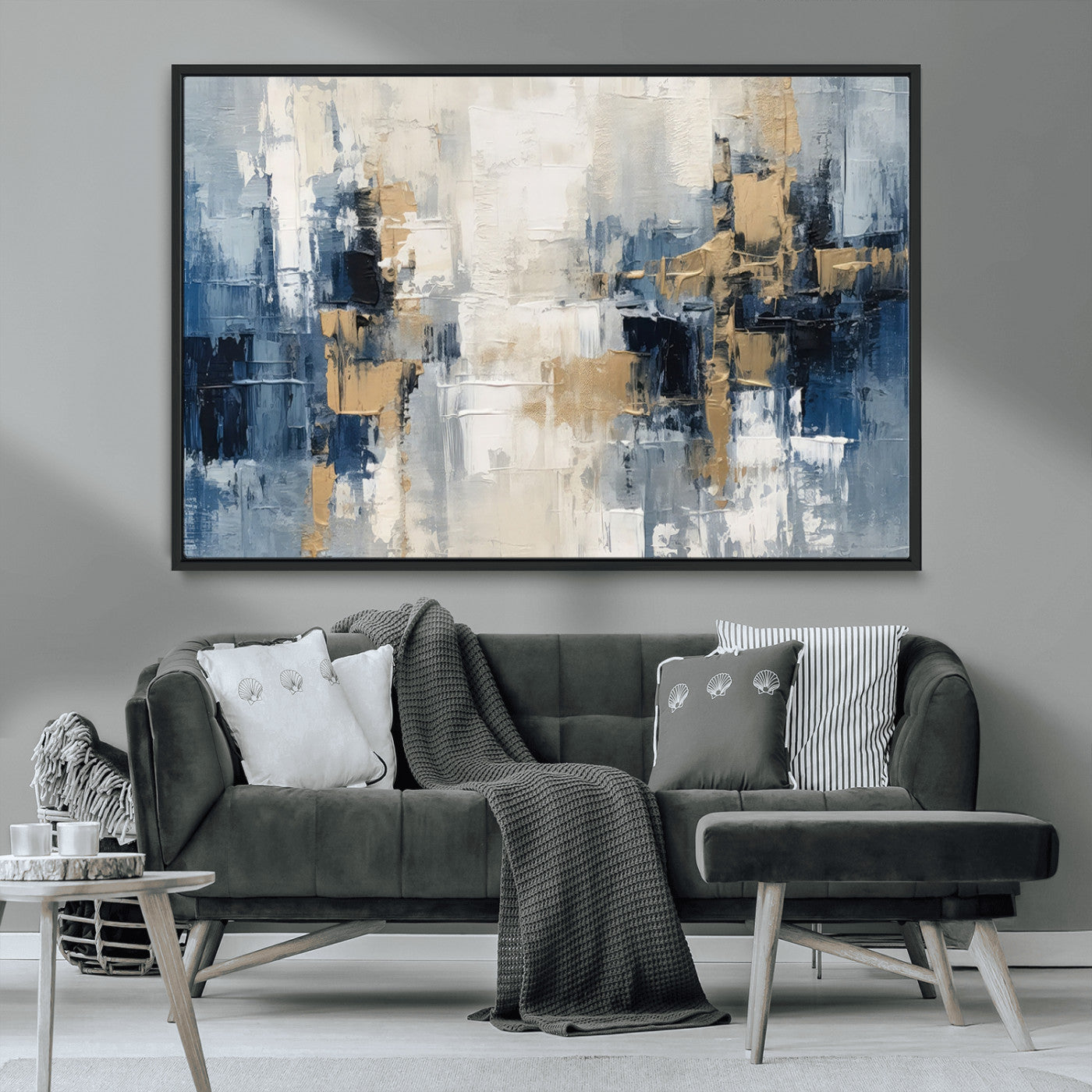 -Modern Abstract Canvas Wall Art in Blue and Gold Tones | Large Contemporary Art for Living Room,