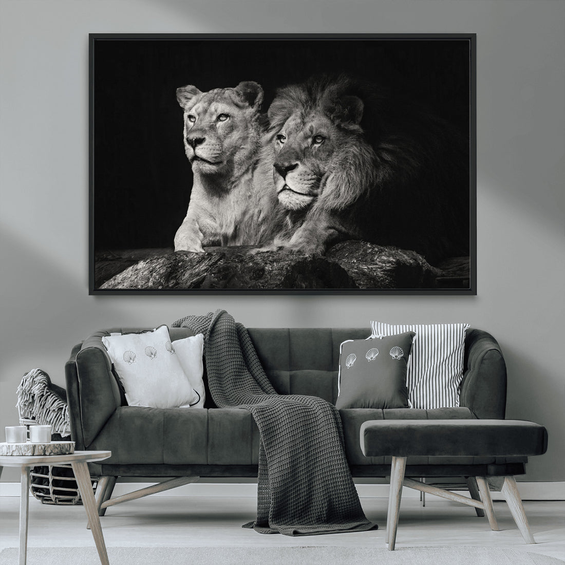 Lion Couple Wall Art Canvas Print, Elegant Black and White Wildlife Portrait