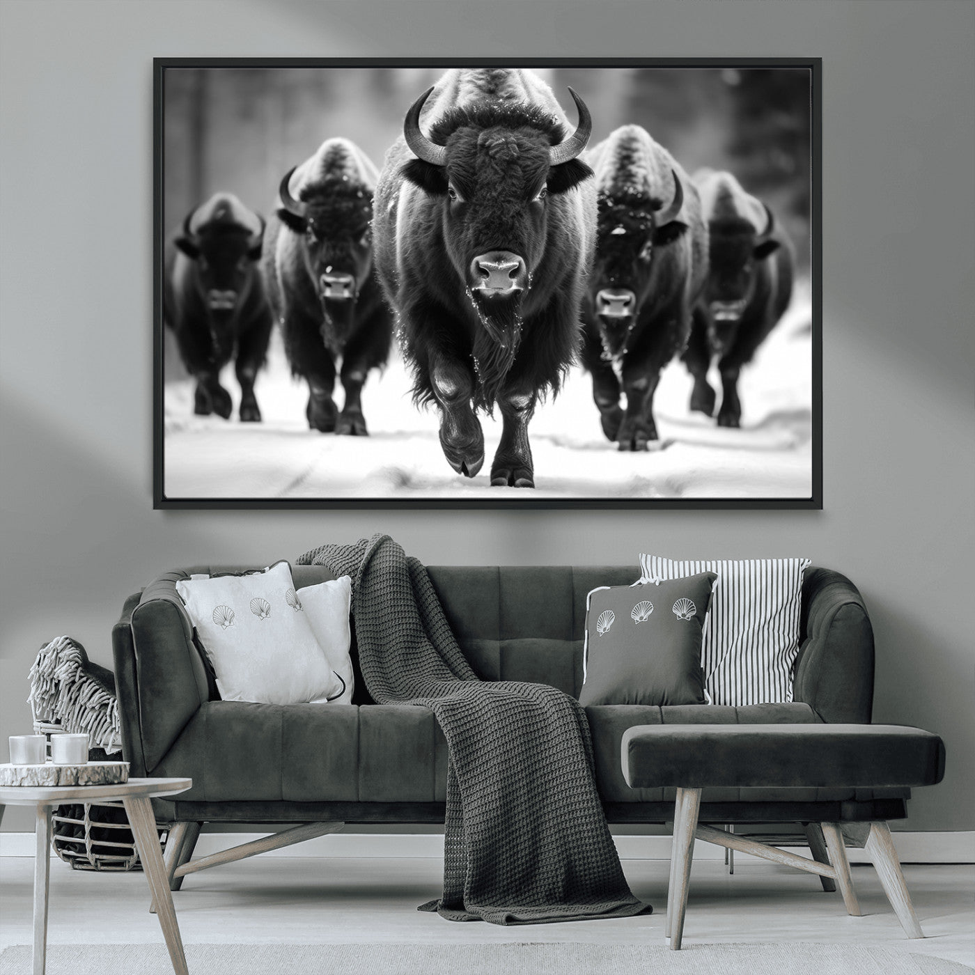 MGV-FC-36X24 - American Bison Art | Buffalo Herd Wall Art Canvas Print, BW American Bison Herd Wall Art Canvas Print