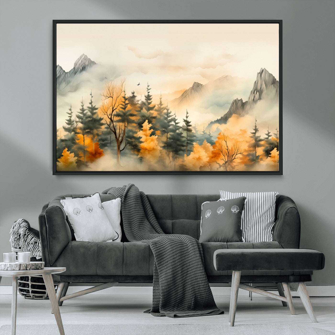 MGV-FC-36X24 - Abstract Watercolor Mountains and Trees Autumn Art, Watercolor Mountains and Trees Canvas Print