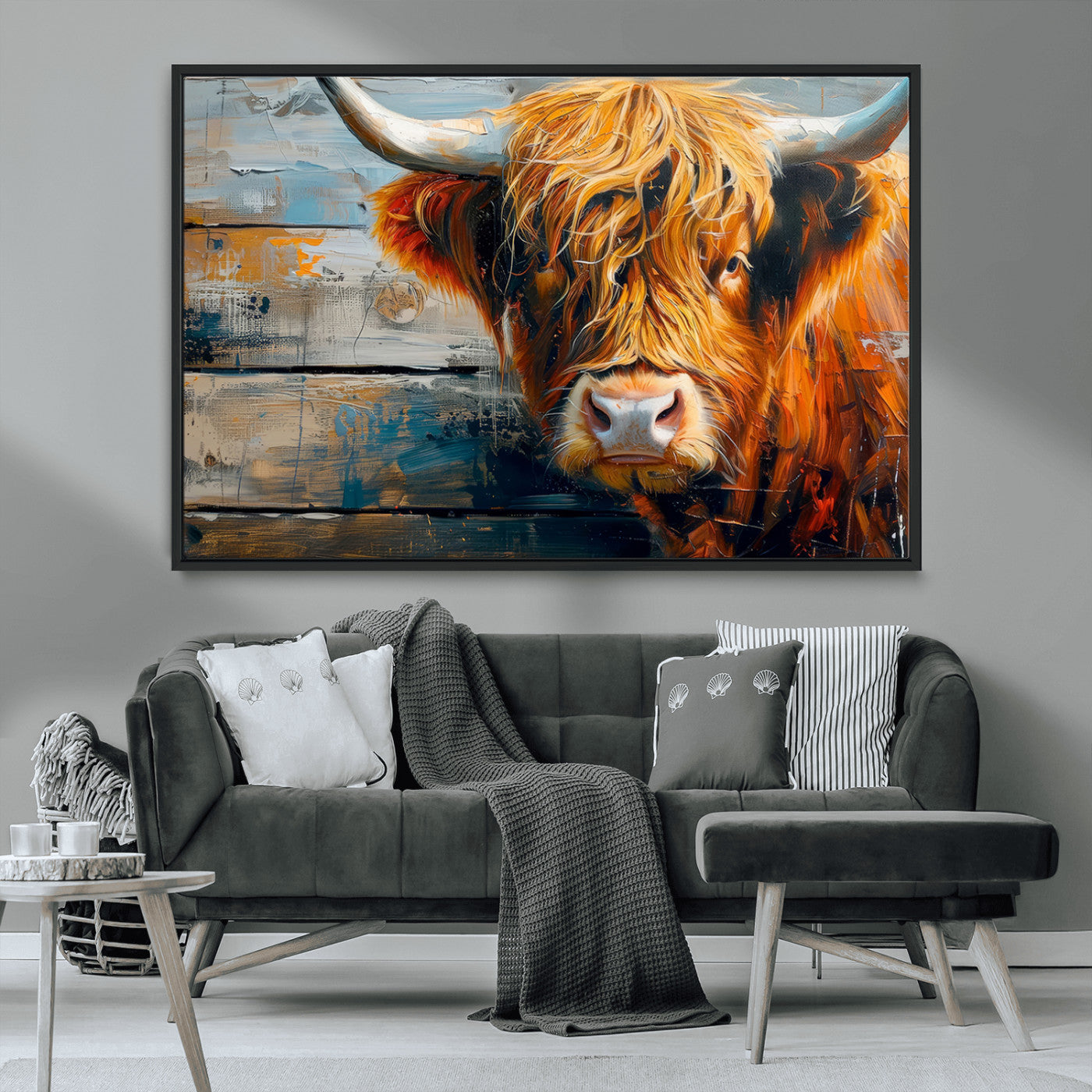 -Highland Cow Abstract Canvas Wall Art – Bold Farmhouse Rustic Decor – Ready to Hang