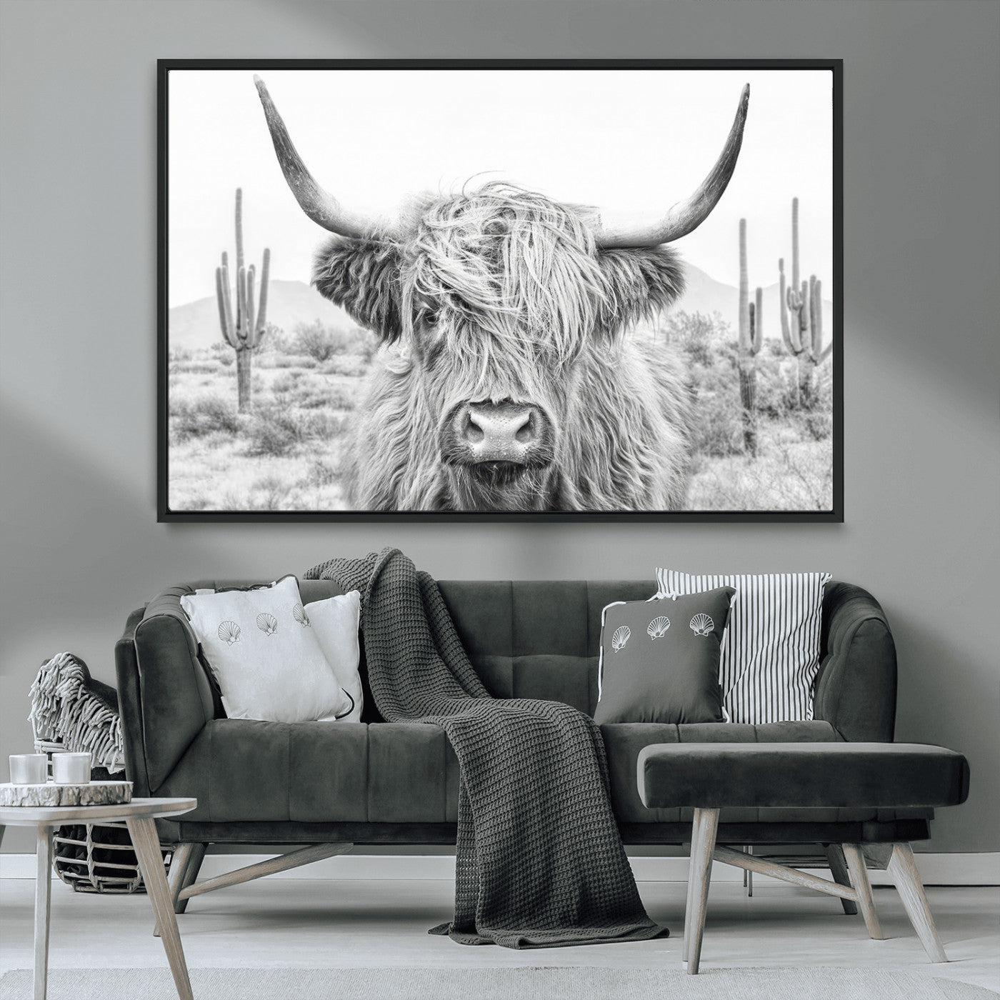 -Rustic Charm | Cow Longhorn Black White Bighorn Wall Art Canvas Print | Farmhouse Wall Art