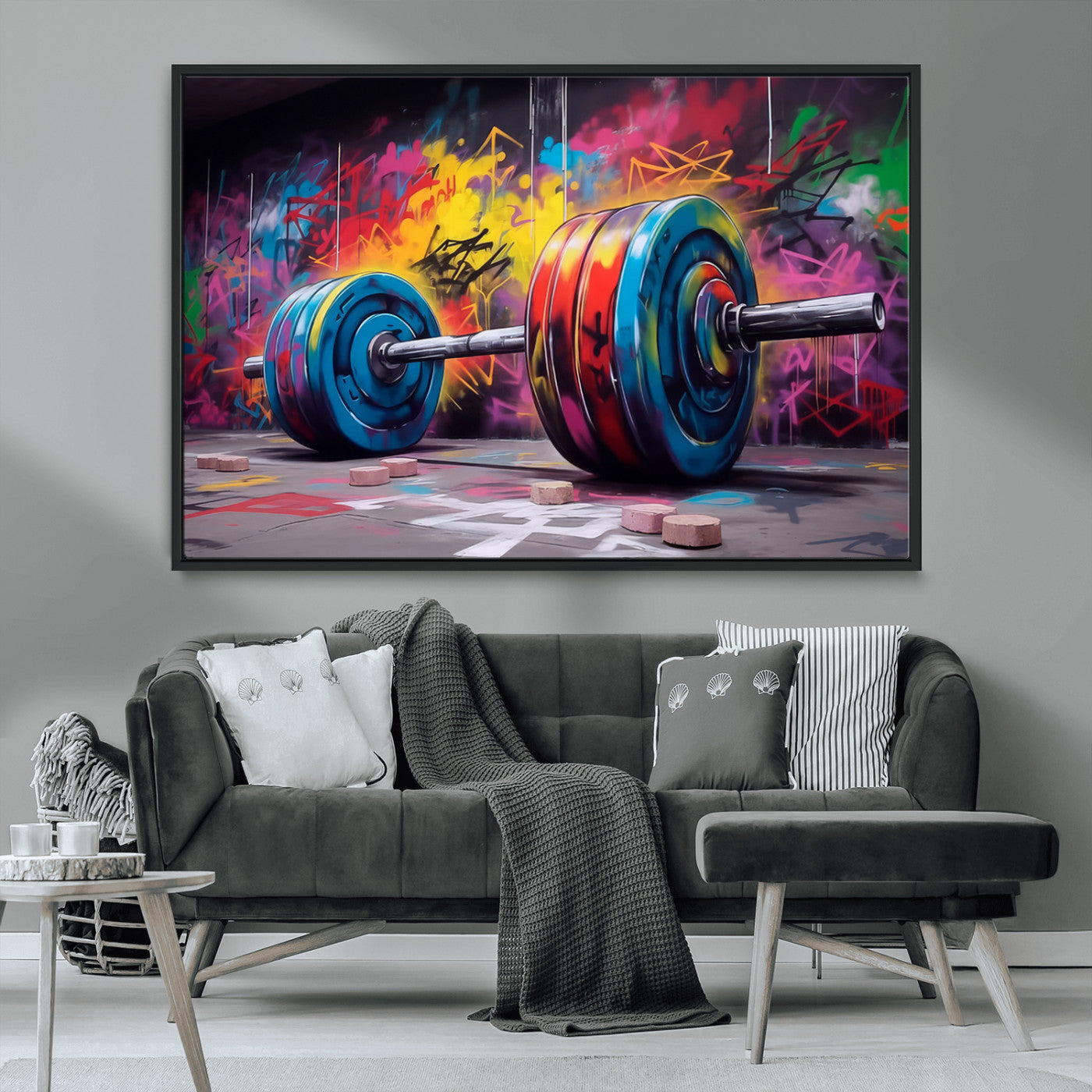 MGV-FC-36X24 - Abstract Graffiti Barbell Canvas Wall Art – Urban Fitness Meets Bold Street Art Print - Gym Wall Art Print