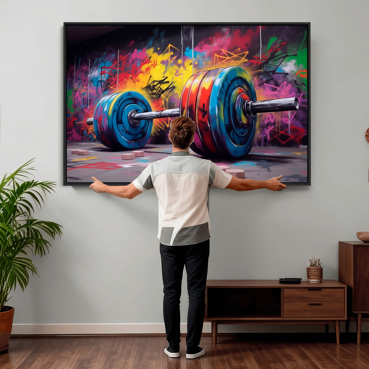 13549-MGV-CV-36X24 - Abstract Graffiti Barbell Canvas Wall Art | Urban Fitness Meets Bold Street Art