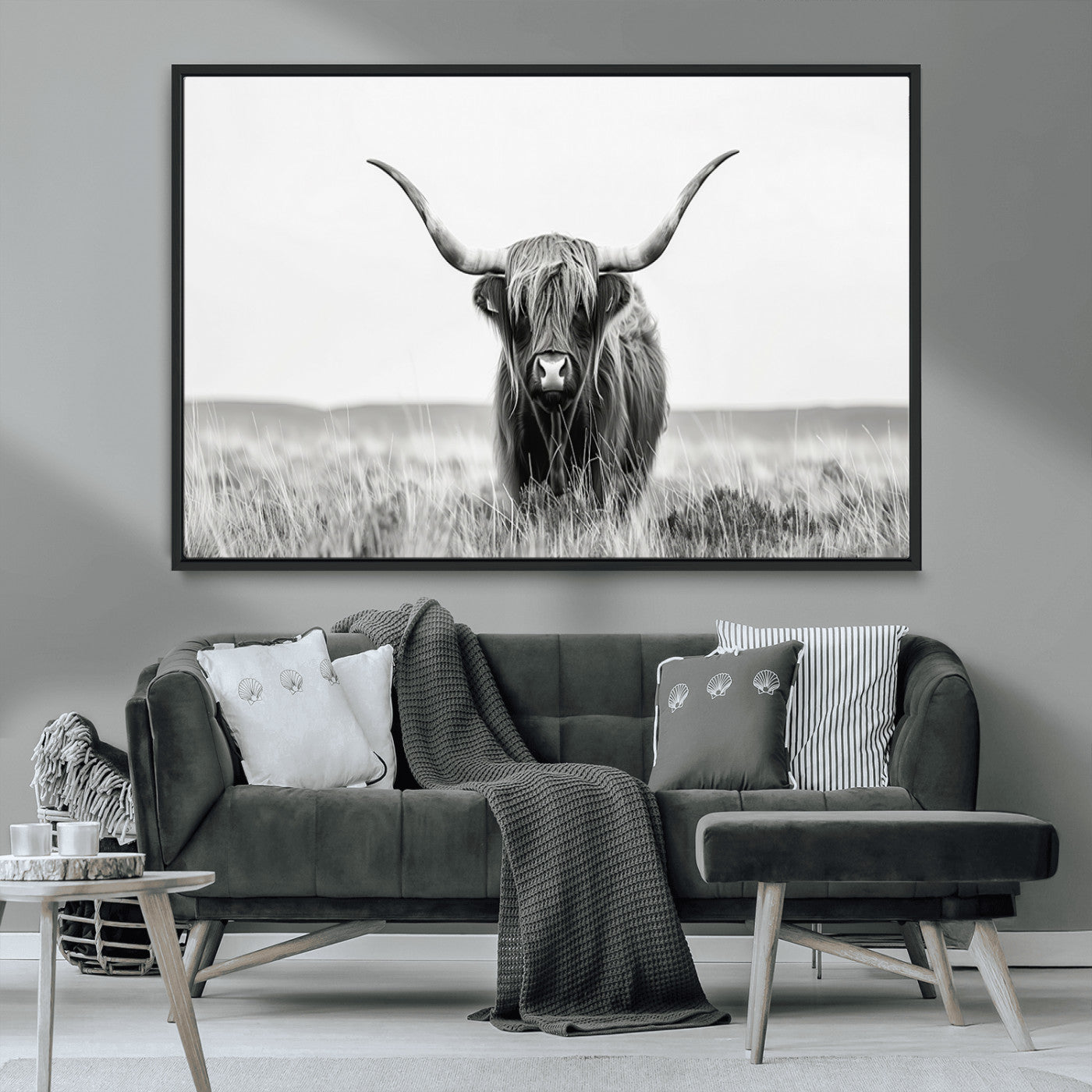 MGV-FC-36X24 - Highland Cow Canvas Wall Art – Majestic Beauty in Black and White