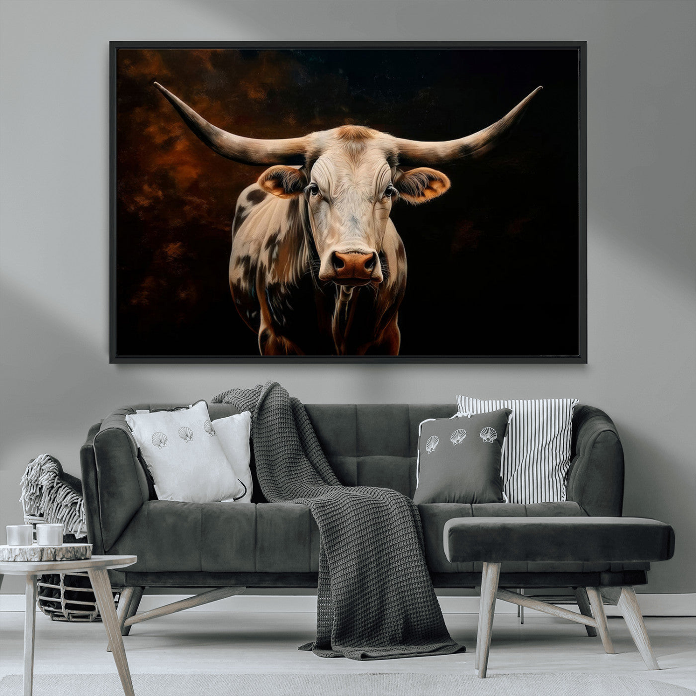MGV-FC-36X24 - Texas Longhorn Wall Art | 3-Panel Large Texas Longhorn Canvas Print for Living Room, Office, or Farmhouse Decor | Framed Giclee Longhorn Wall Art