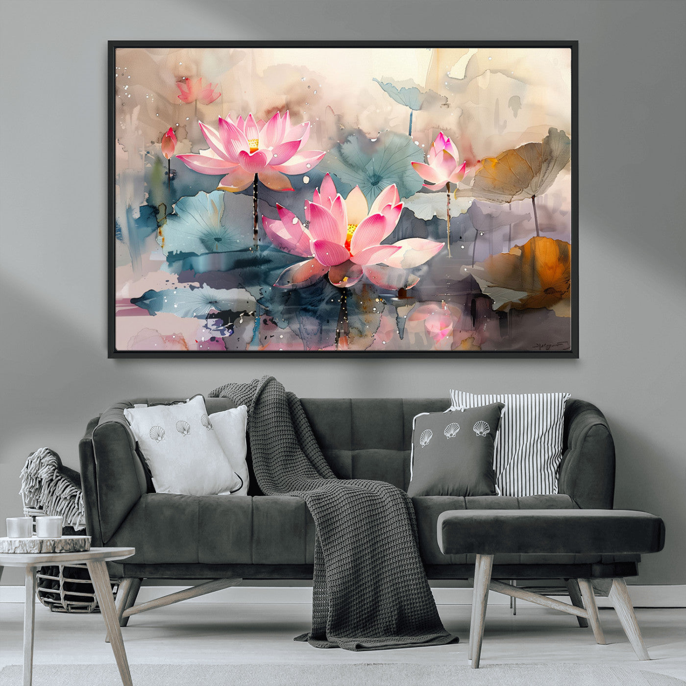 MGV-FC-36X24 - Lotus Flower Wall Art | 3-Panel Giclee Canvas Print of Pink Lotus Blossoms for Living Room, Bedroom, Office | Framed Lotus Floral Wall Art Decor Print