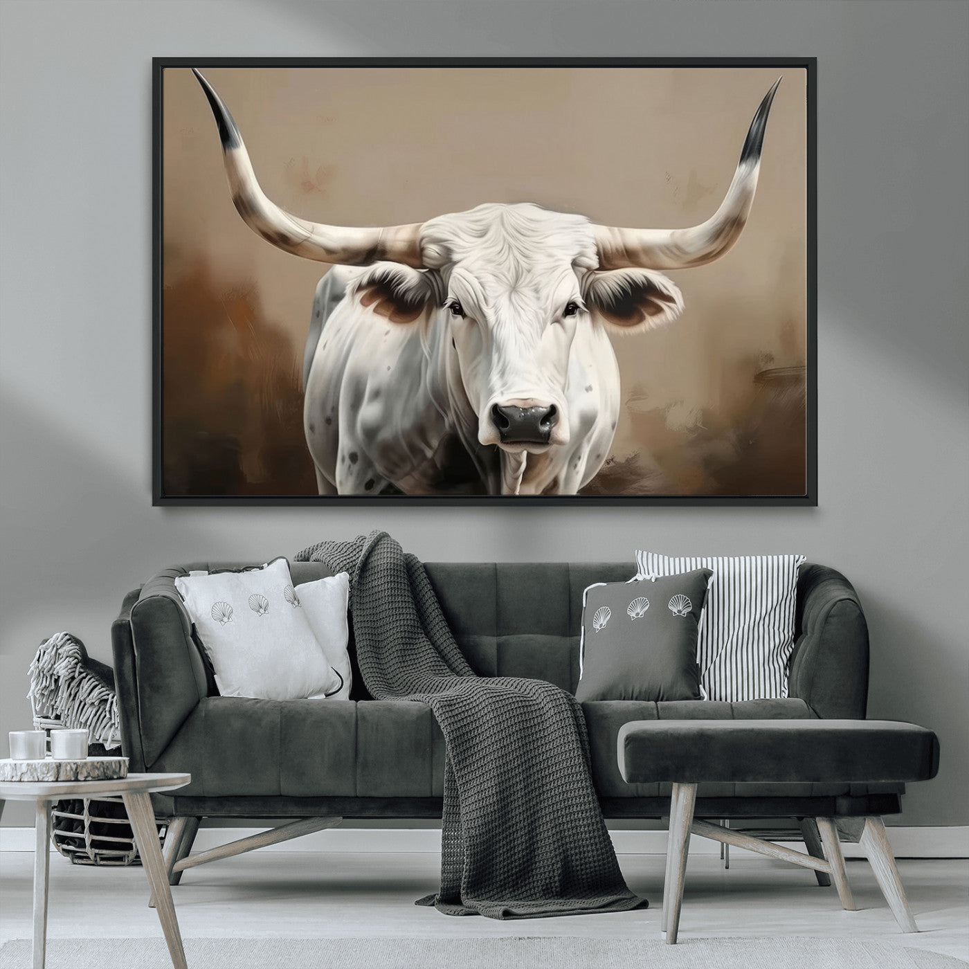 -White Longhorn Bull Wall Art Canvas Print – Framed and Ready to Hang – Perfect for Farmhouse and