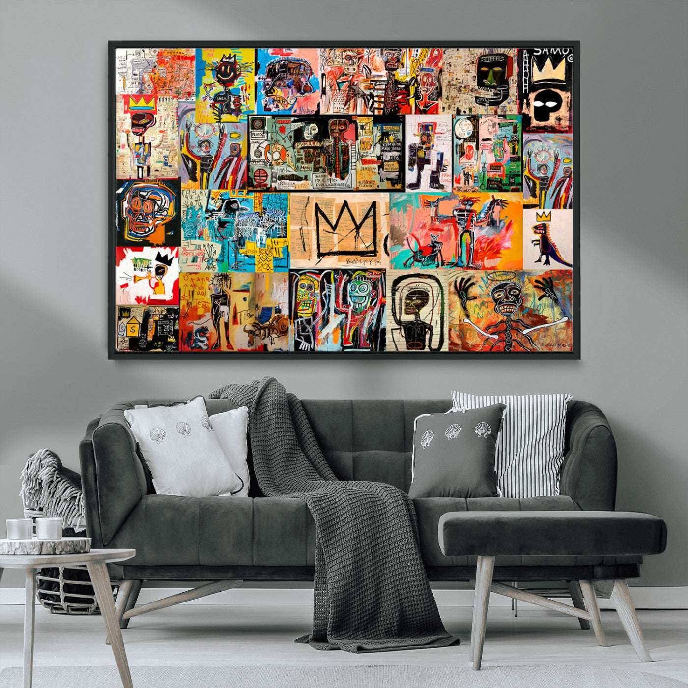 MGV-FC-36X24 - Basquiat Art Collage Wall Art Canvas Print – Framed, Ready to Hang, Urban Graffiti Style