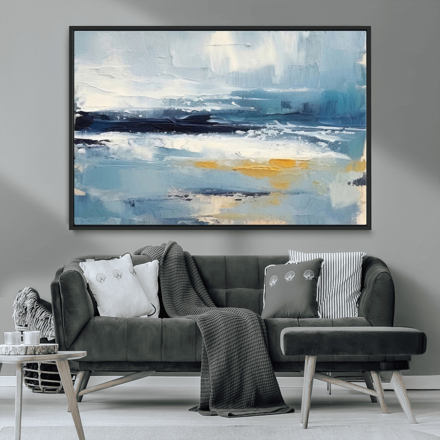 MGV-FC-36X24 - Abstract Ocean Canvas Wall Art - Coastal Blue and Gold Textured Painting, Modern Seascape Decor for Living Room Decor