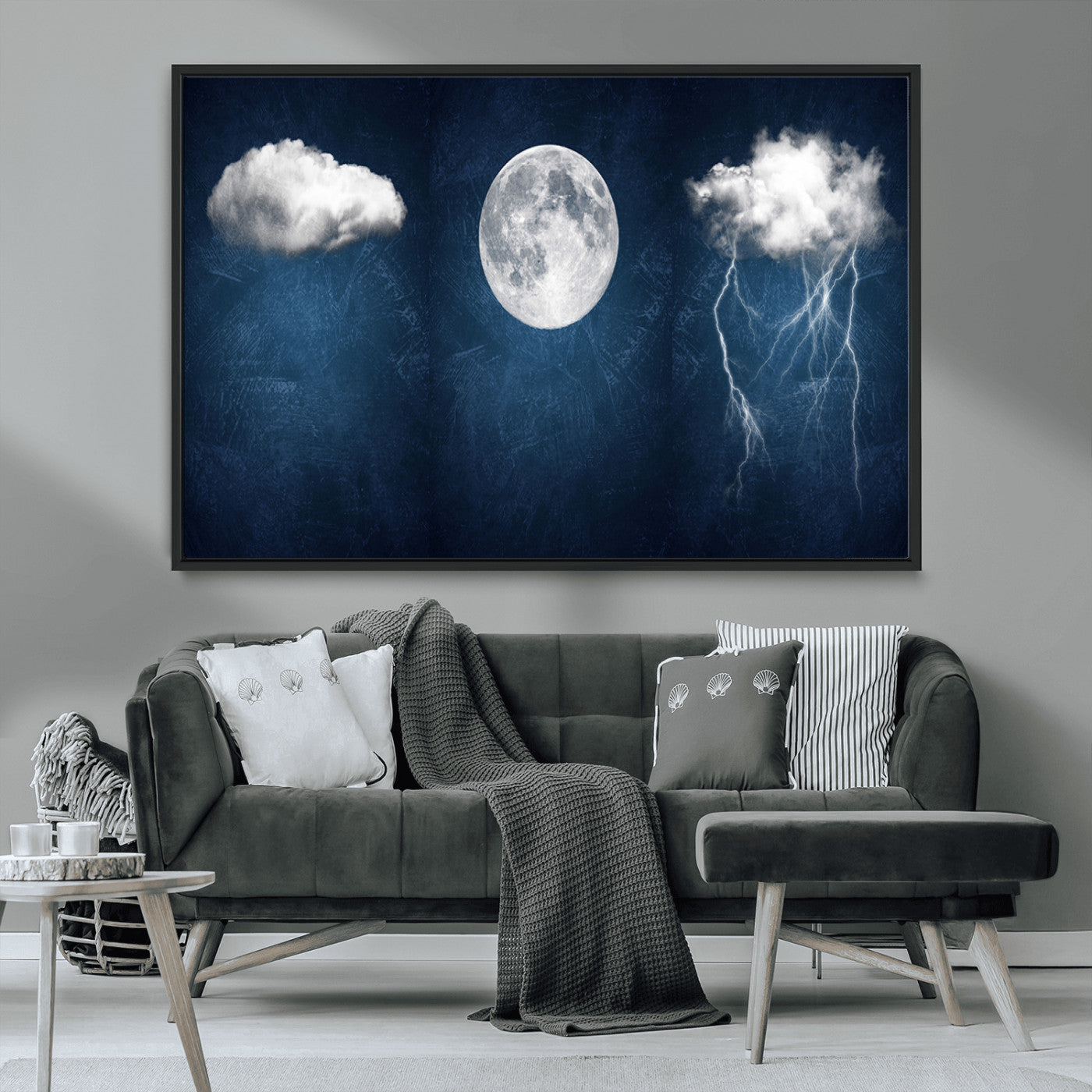 -Dark Blue Cloud Art, 3 Piece Indigo Blue Wall Art, Aesthetic Surreal Art, Thunderstorm Moon Cloud