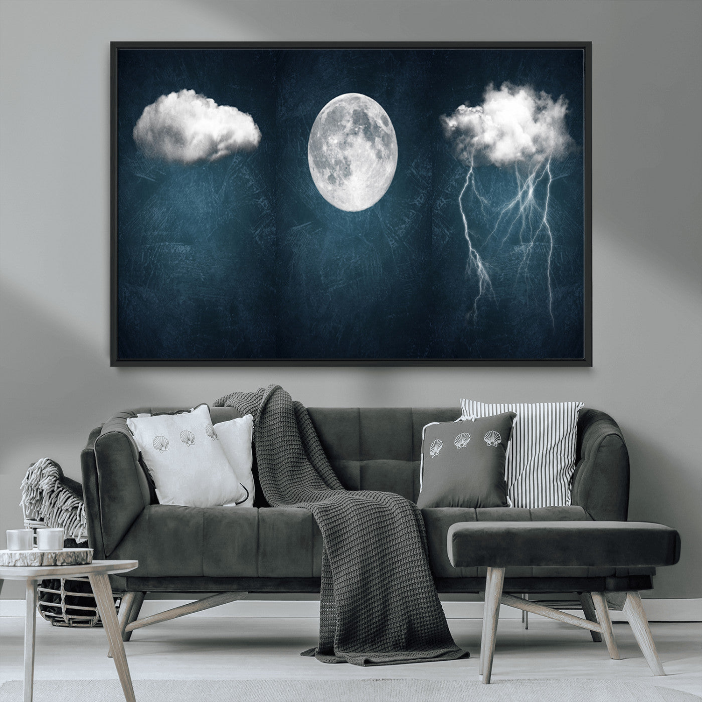 -3 Piece Indigo Cloud Wall Art, Thunderstorm Moon Cloud Artworks