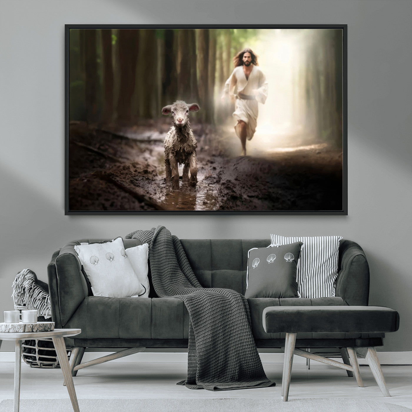 MGV-FC-36X24 - Jesus Canvas Wall Art - Jesus Running After Lost Lamb, Jesus, Christian Home Decor - Church Wall Art