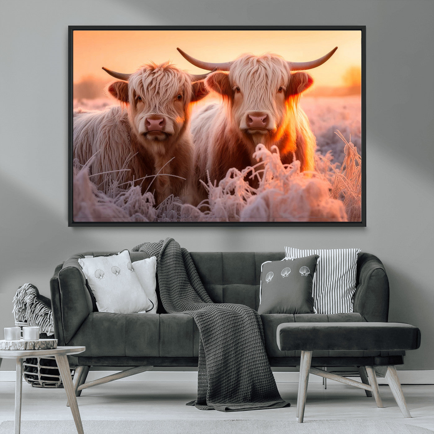 -Highland Cows at Sunrise Wall Art Canvas Set – Serene and Rustic Farmhouse Decor