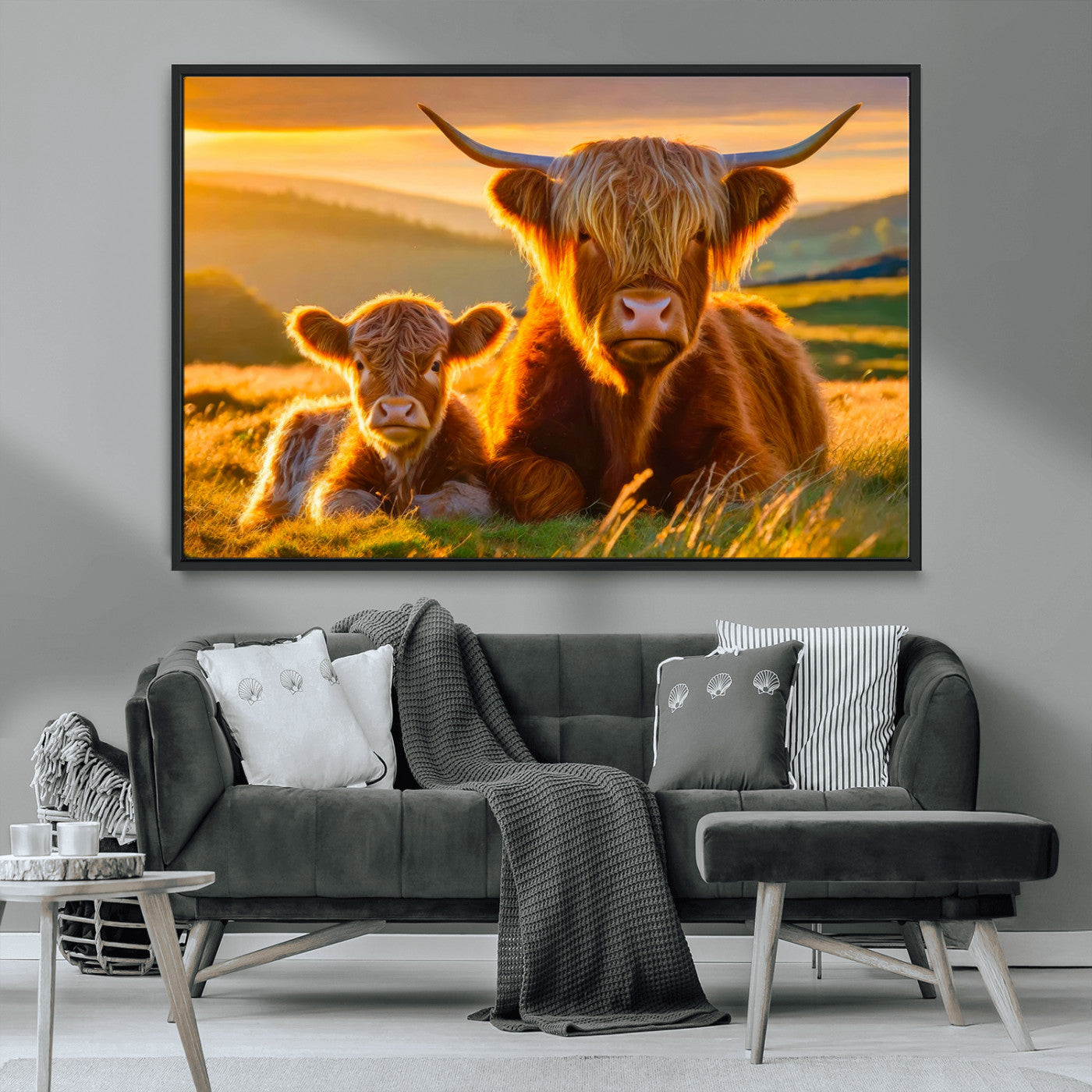 -Scottish Cow and Baby Cow Canvas Wall Art Animal Print Fluffy Cattle Framed Farmhouse Decor