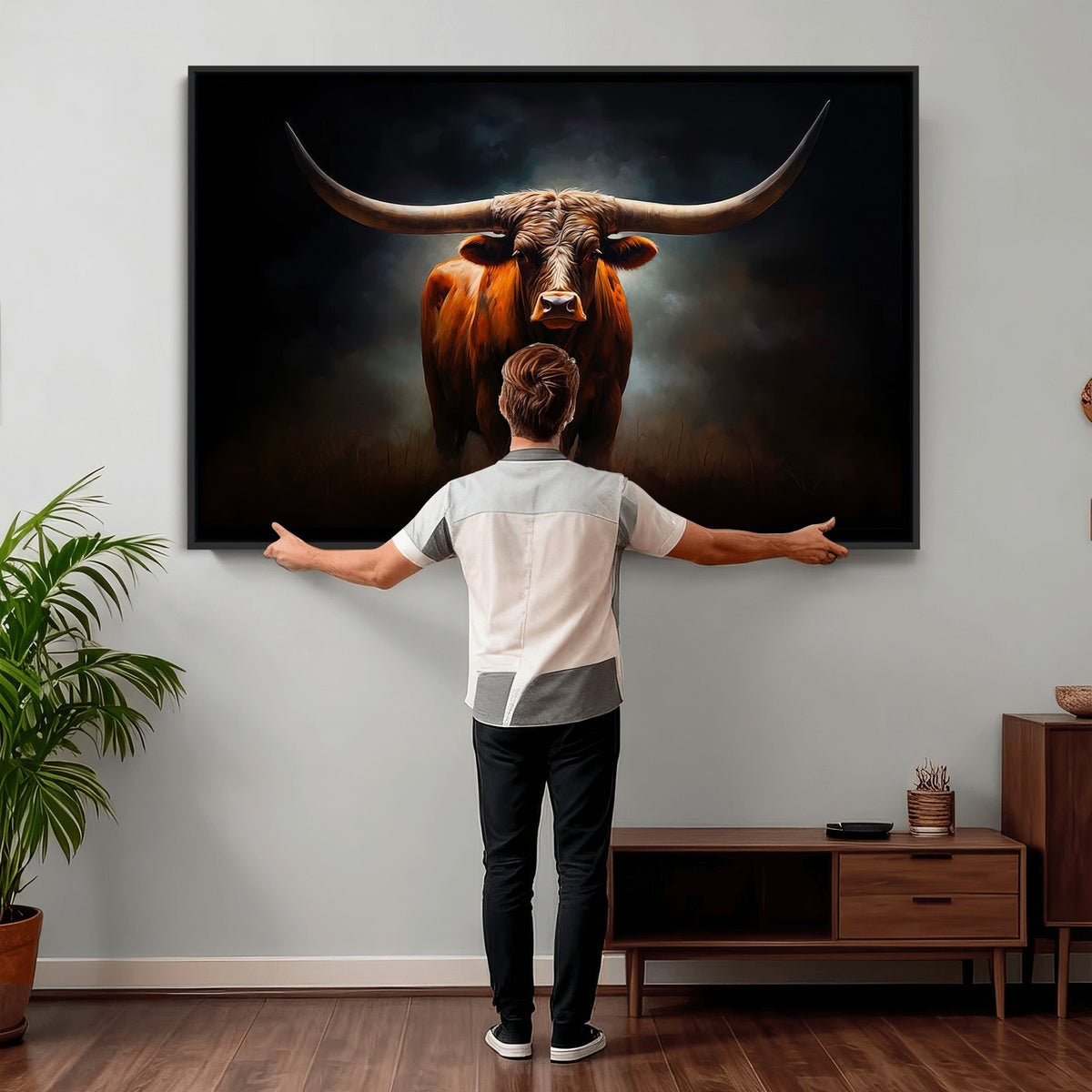 48896-MGV-CV-24X16 - Abstract Texas Longhorn Wall Art Print | 3-Panel Large Texas Longhorn Canvas
