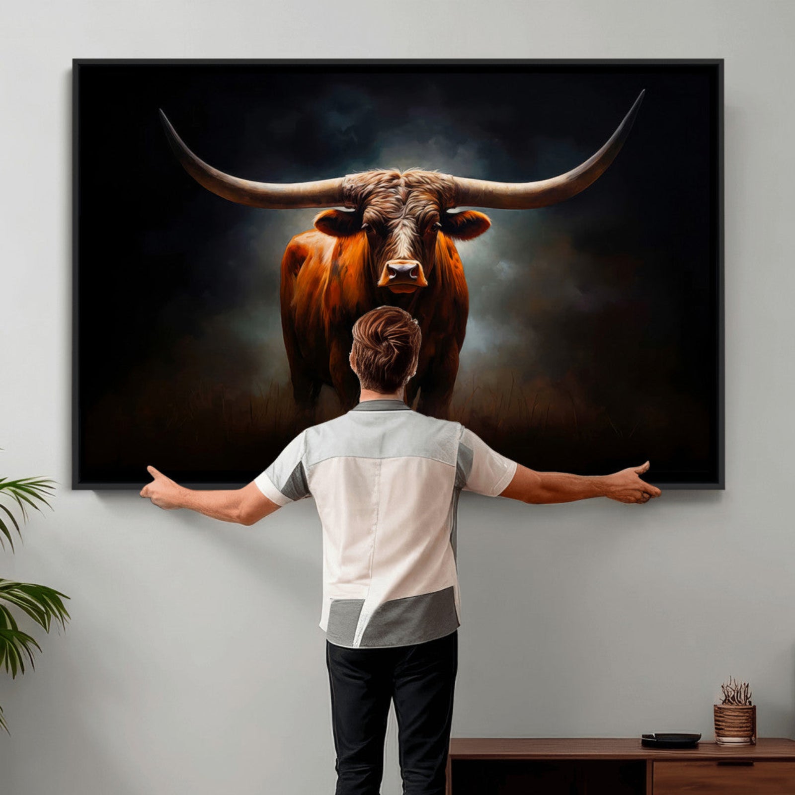 48896-MGV-CV-36X24 - Abstract Texas Longhorn Wall Art Print | 3-Panel Large Texas Longhorn Canvas Print for Living Room,