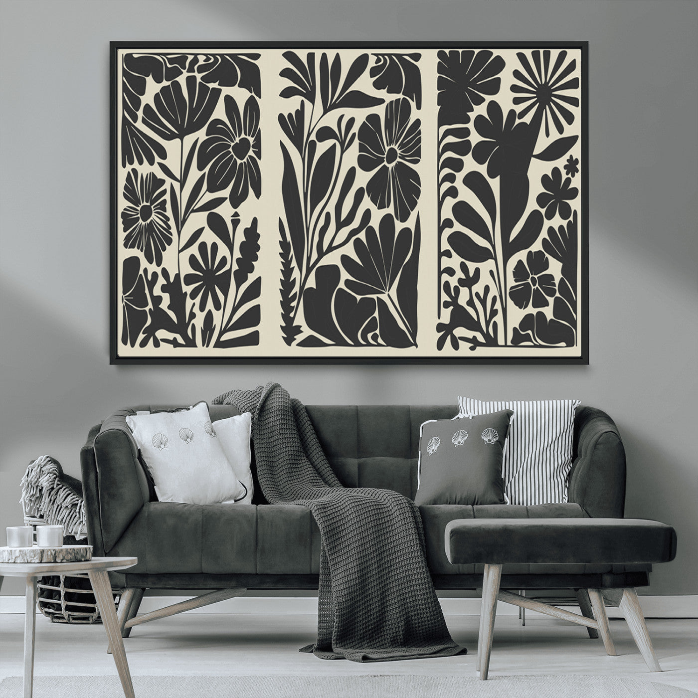 MGV-FC-36X24 - Modern Botanical Wall Art - Floral Black and White Canvas Print, Framed, Ready to Hang