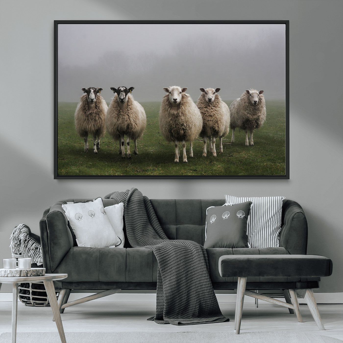 -Flock of Sheep in a Mystical Fog – Pastoral Wall Art Canvas Print, Framed, Ready to Hang