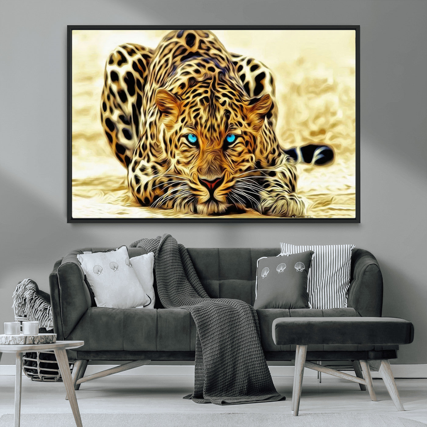 -Blue-Eyed Leopard Canvas Wall Art - Framed Animal Print Ready to Hang - Fierce and Bold Decor for