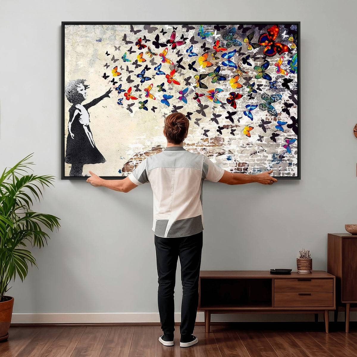 97895-MGV-CV-24X16 - Banksy Graffiti Wall Art Canvas Print, Girl Releasing Vibrant Butterflies