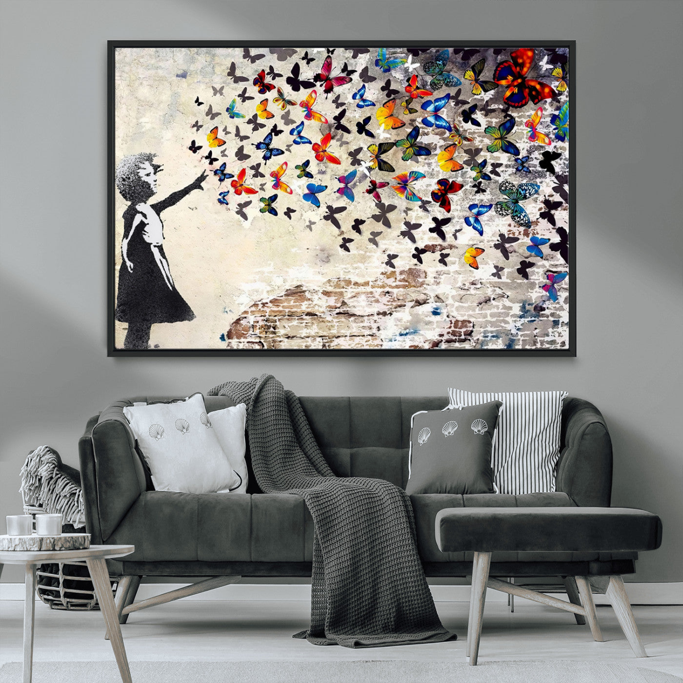 MGV-FC-36X24 - Banksy Graffiti Wall Art Canvas Print: Girl Releasing Vibrant Butterflies – Ready to Hang
