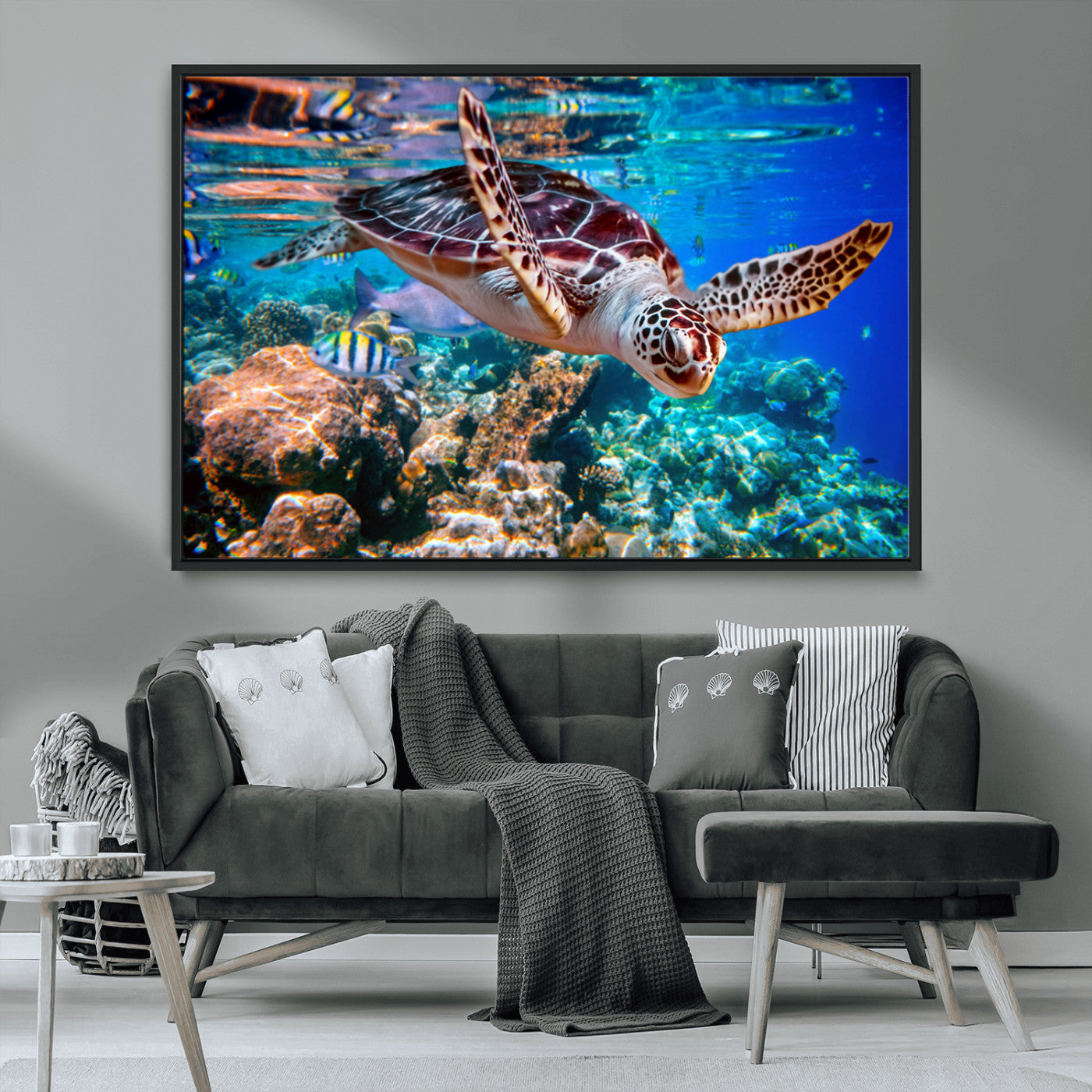 MGV-FC-36X24 - Underwater Coral Reef Sea Turtle Wall Art Canvas Print, Vibrant Marine Life | Colorful Ocean Scene