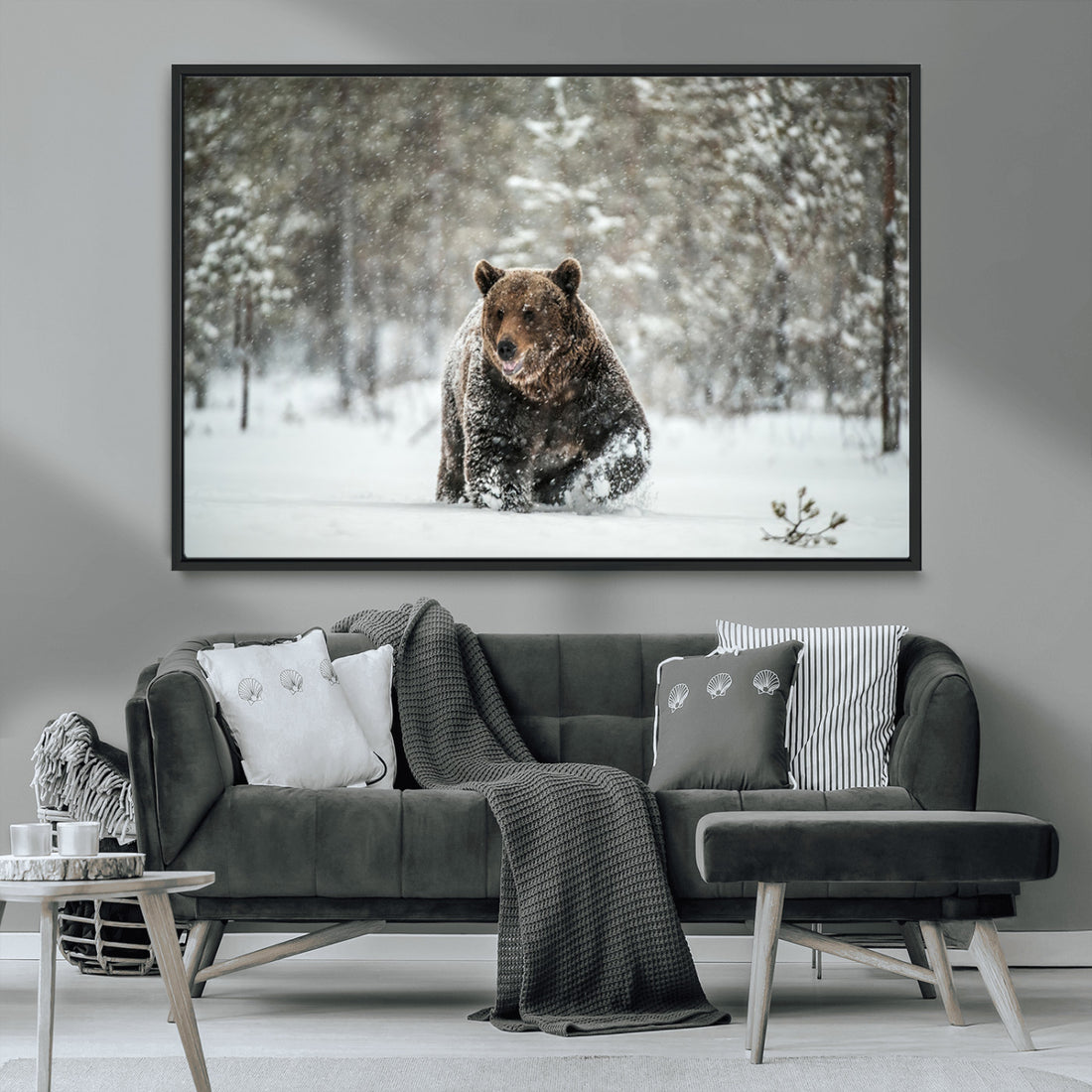 Grizzly Bear Wall Art | Framed Snowy Forest Canvas Artwork