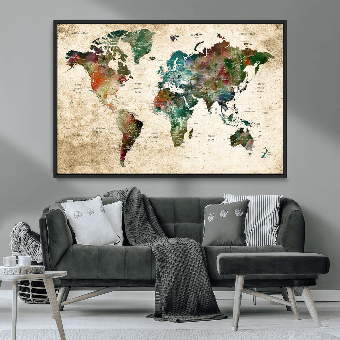 45128-MGV-CV-36X24-Push Pin World Map Canvas Print – Framed Wall Art for Couples to Track Their Travels – Anniversary Gift or Home Adventure Decor