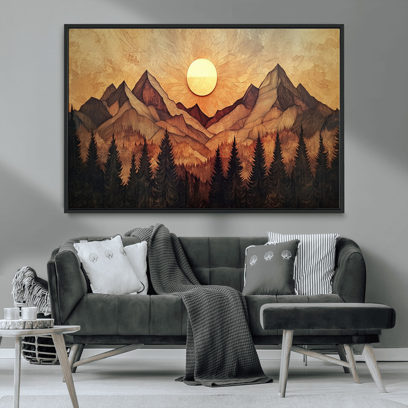 MGV-FC-36X24 - Wood Style Abstract Mountain Sunset Canvas Wall Art Print - Warm Earth Nature-Inspired Decor for