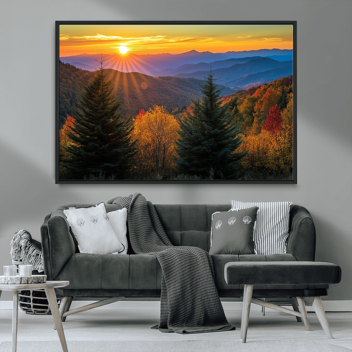 MGV-FC-36X24 - Golden Sunset Over Mountain Forest Canvas Wall Art Print - Warm Nature-Inspired Landscape for Living